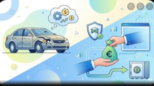Современная иллюстрация разбитого автомобиля для статьи о выкупе поврежденных машин после дорожного происшествия