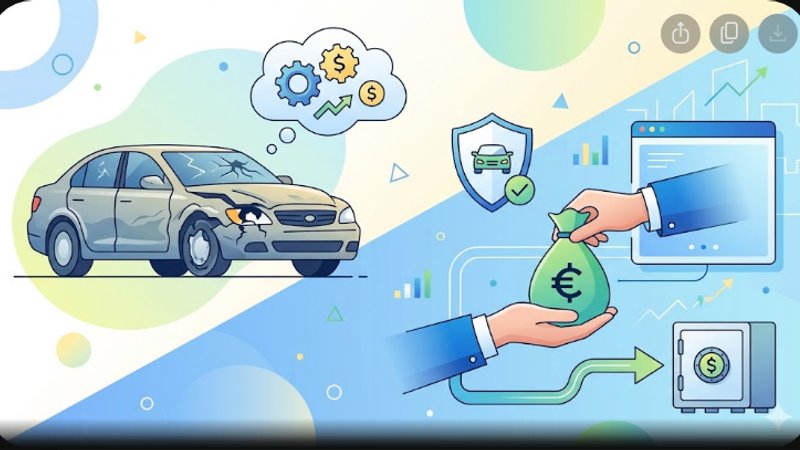 Современная иллюстрация разбитого автомобиля для статьи о выкупе поврежденных машин после дорожного происшествия